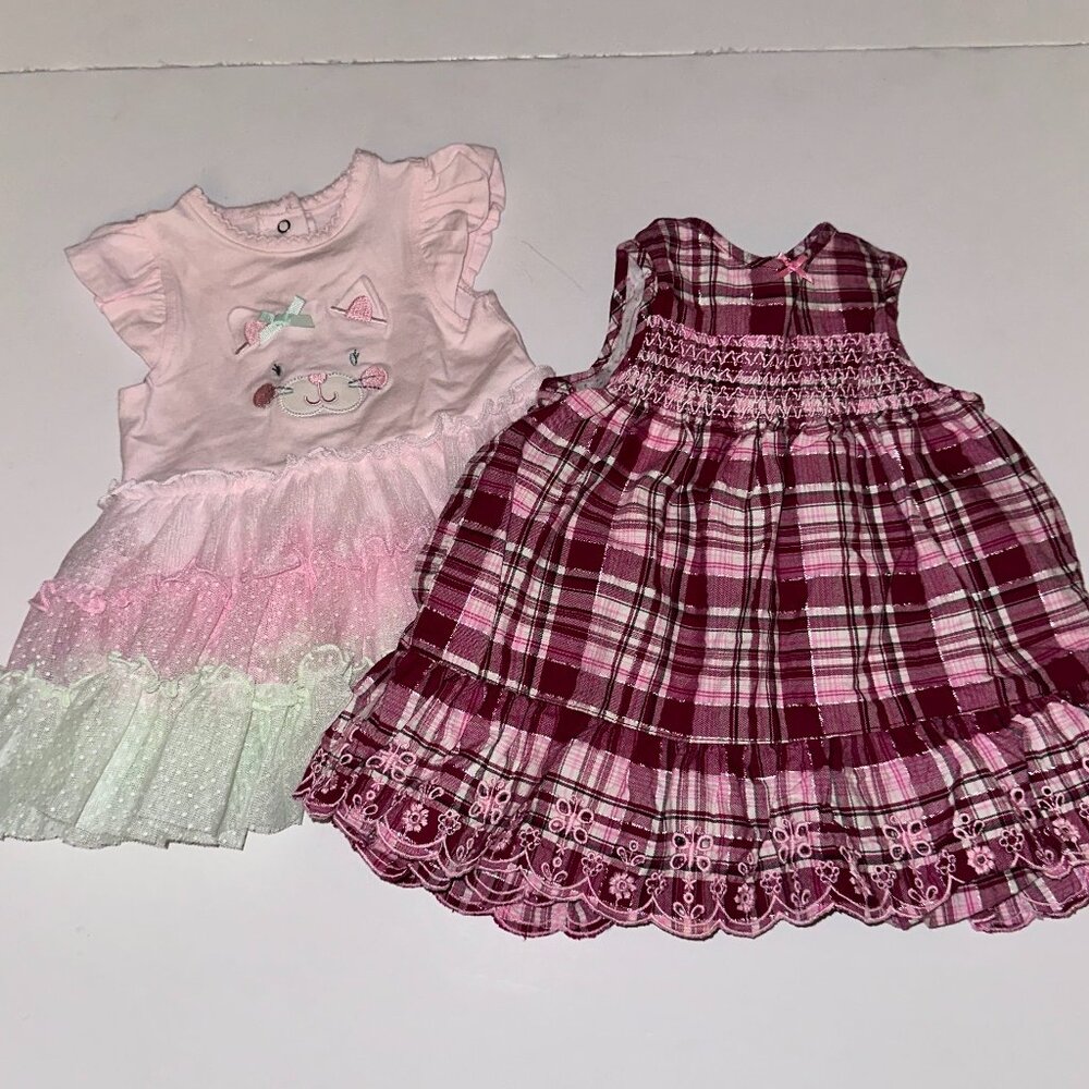 LITTLE ME Baby Girls Kitty Tutu & CHILDREN'S PLACE plaid dresses sz 6/9mo dress